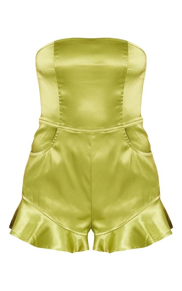 Olive Satin Frill Leg Bandeau Romper Product Image