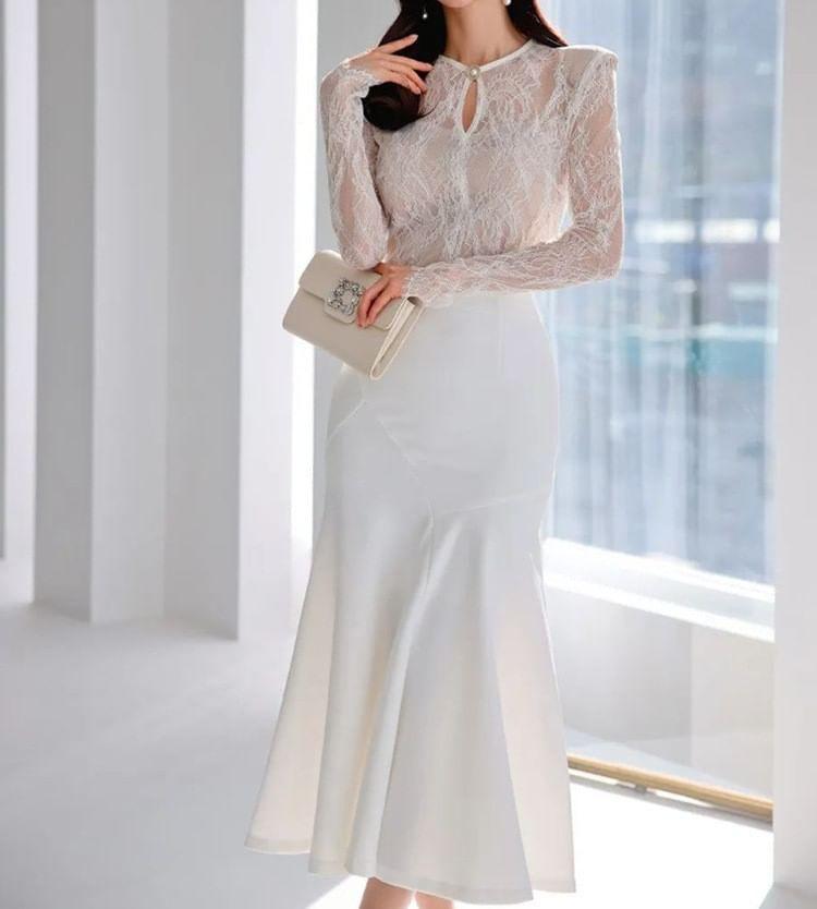 Long-Sleeve Cutout Lace Panel Midi A-Line Dress Product Image