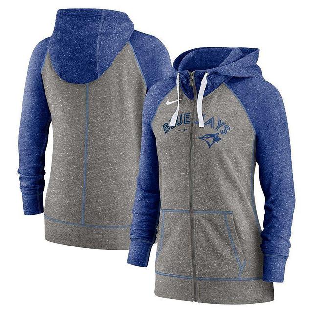 Womens Nike Heathered Charcoal/Royal Toronto Blue Jays Split Wordmark Gym Vintage Raglan Full-Zip Hoodie Product Image