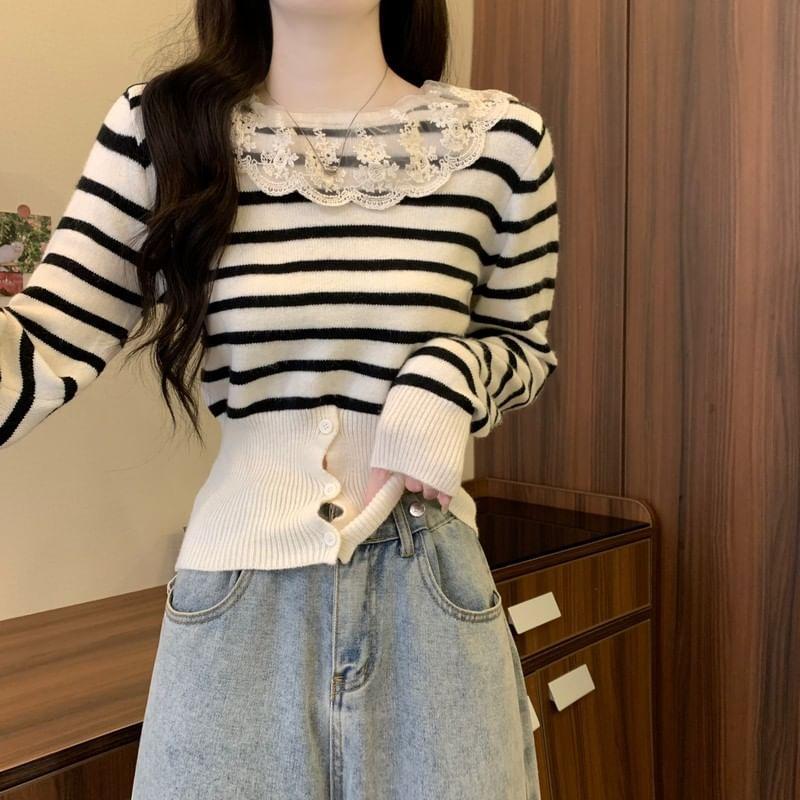 Long-Sleeve Lace Panel Button Hem Knit Top Product Image