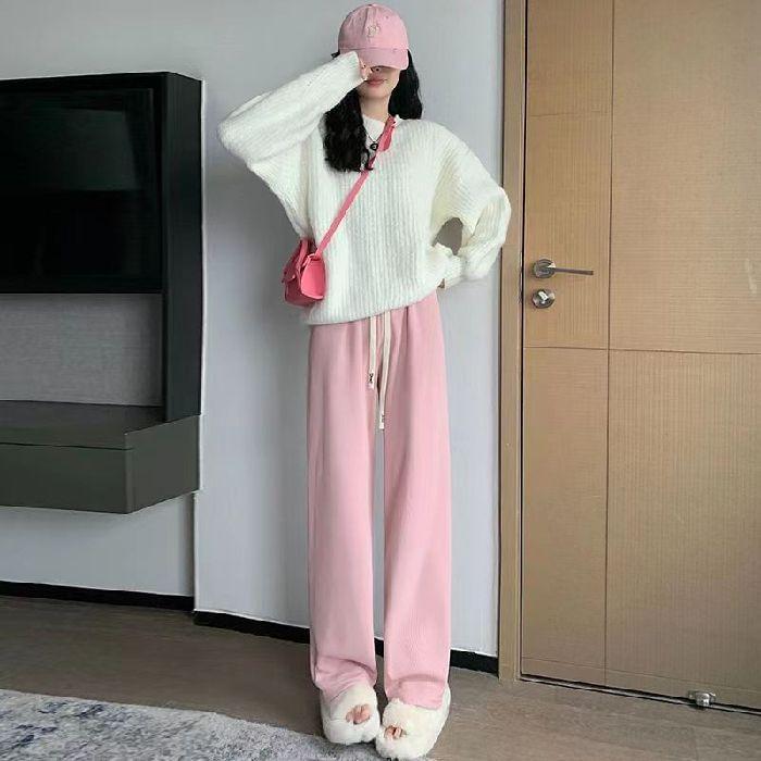 Drawstring Waist Plain Wide Leg Pants Product Image