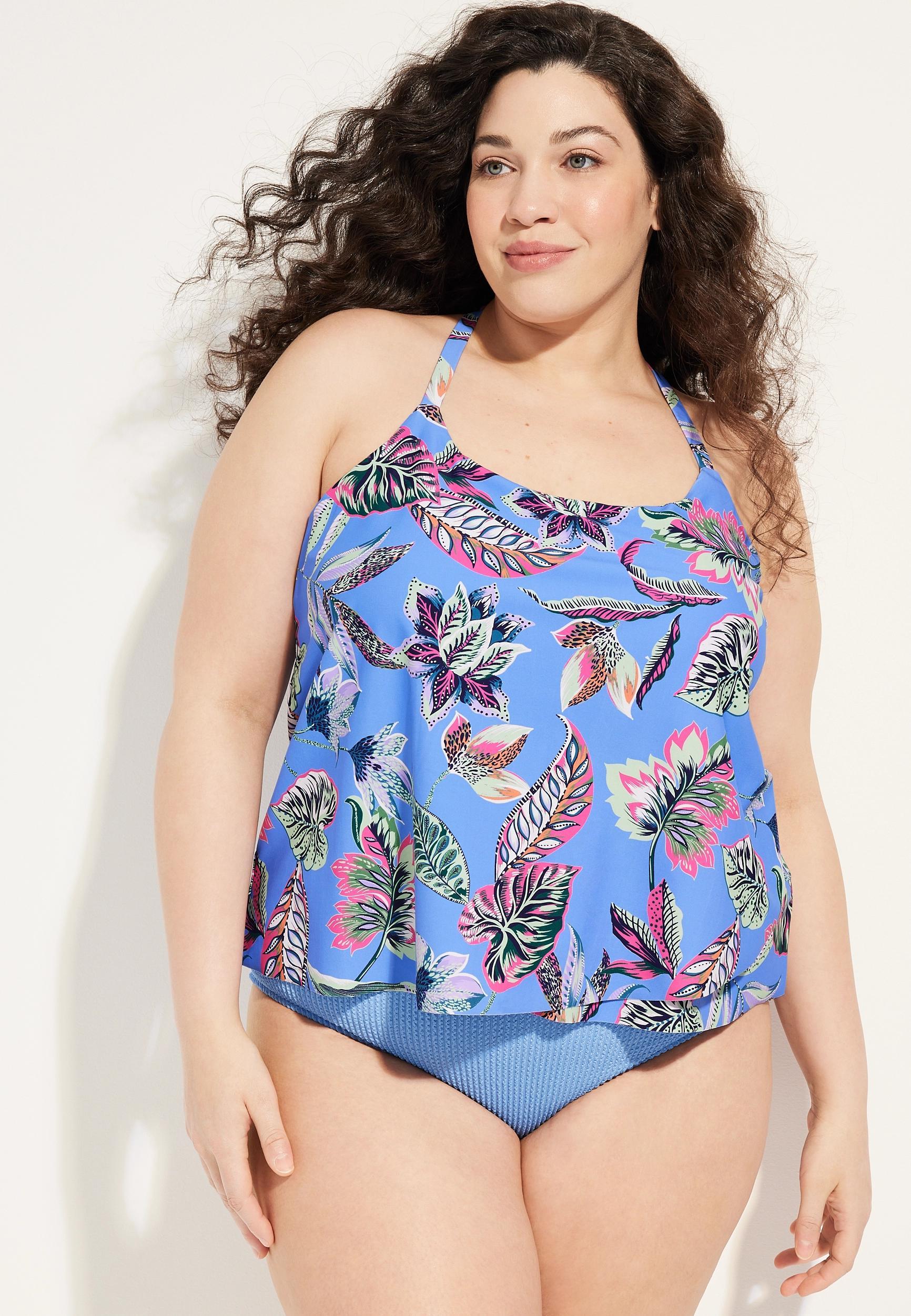 Maurices Plus Size Womens Floral T Back Tankini Swim Top Blue Size 3X Product Image