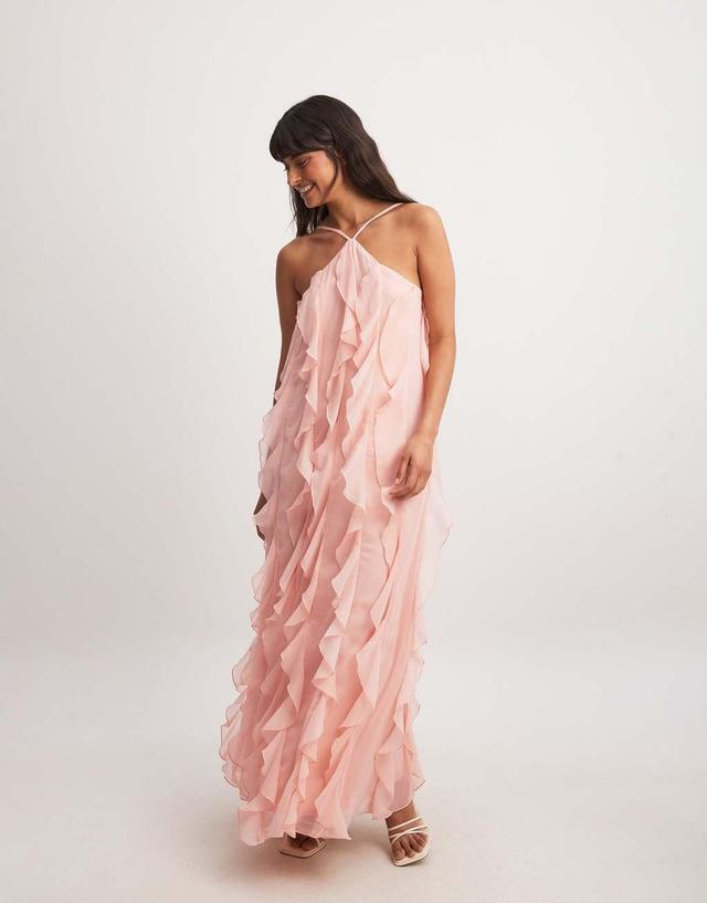 NA-KD structured chiffon ruffle maxi dress in pink Product Image