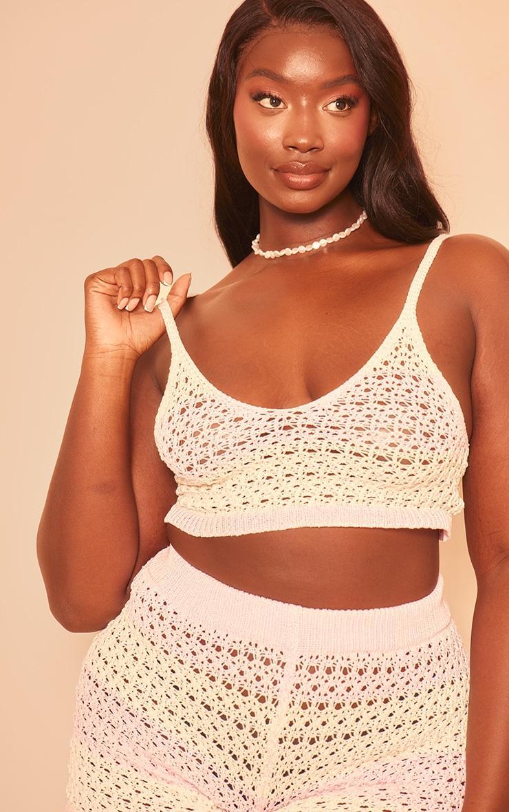 Plus Pink Striped Crochet Knit V Neck Crop Top Product Image