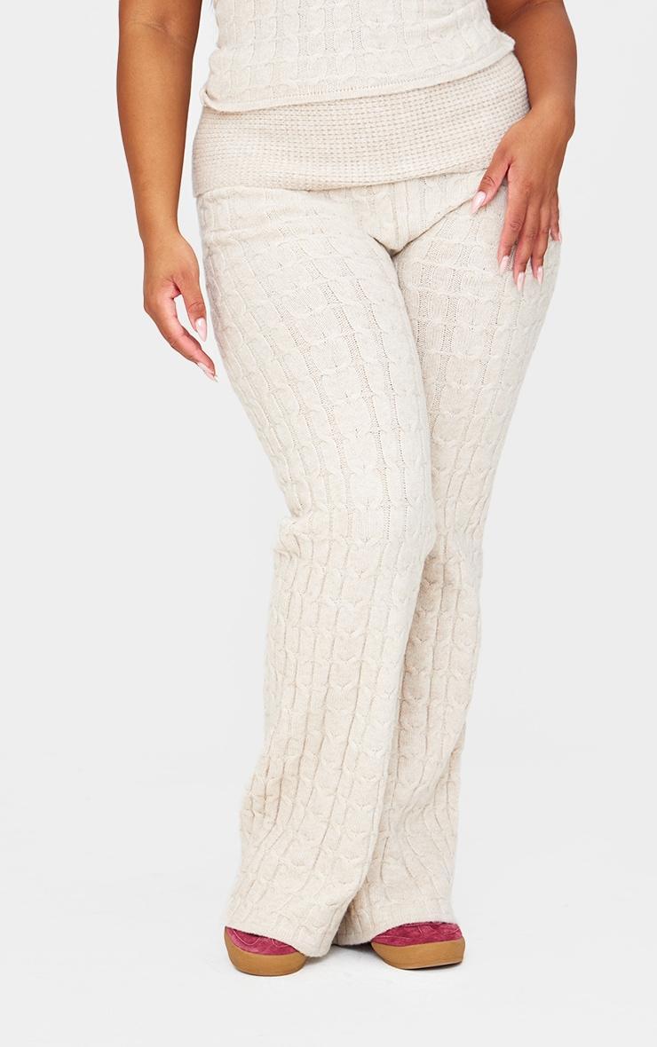 Plus Oatmeal Marl Textured Knit Foldover Wide Leg Pants Product Image