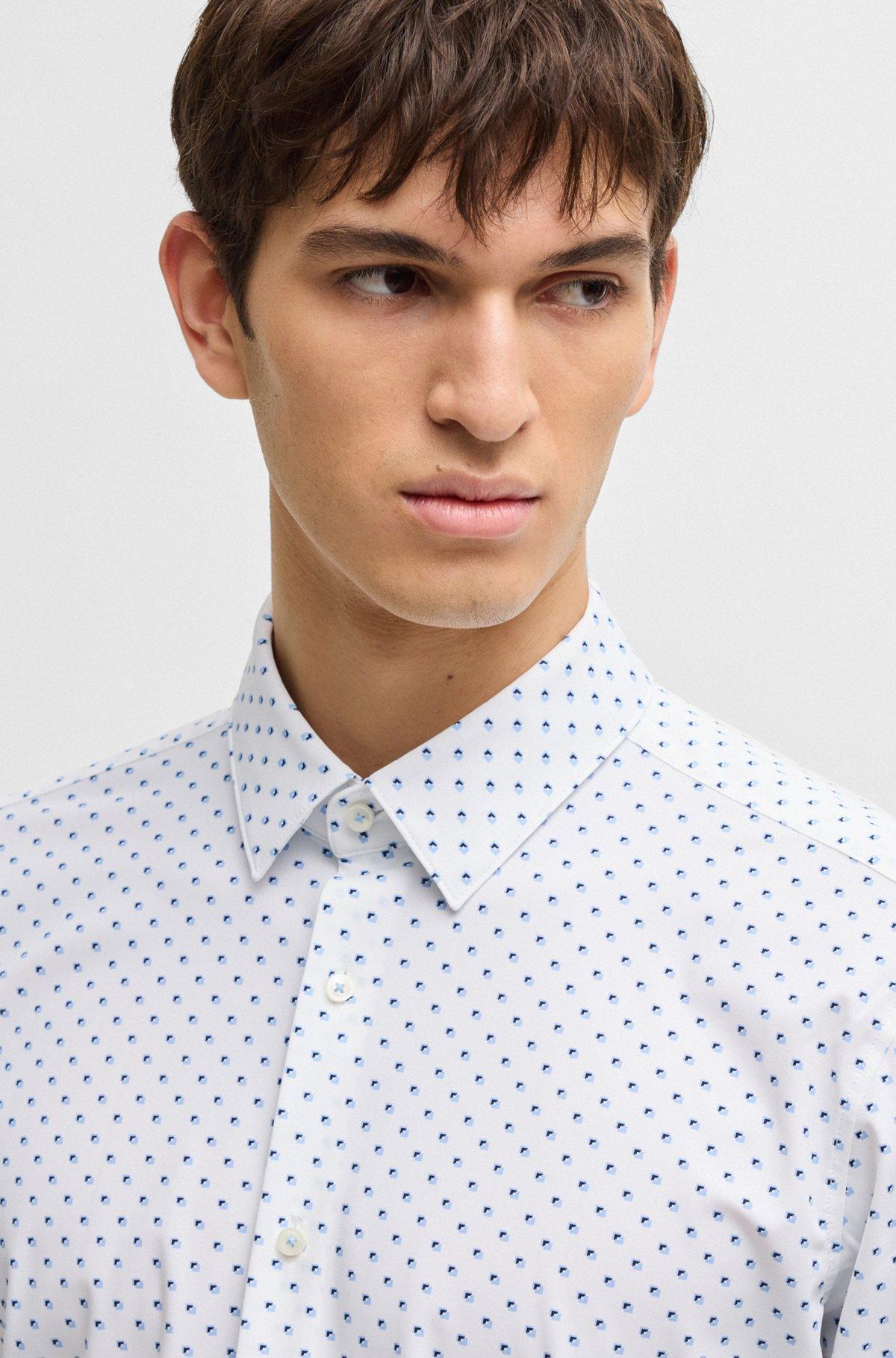 BOSS - Slim-fit shirt in geometric-print performance-stretch jersey - Light Blue Product Image