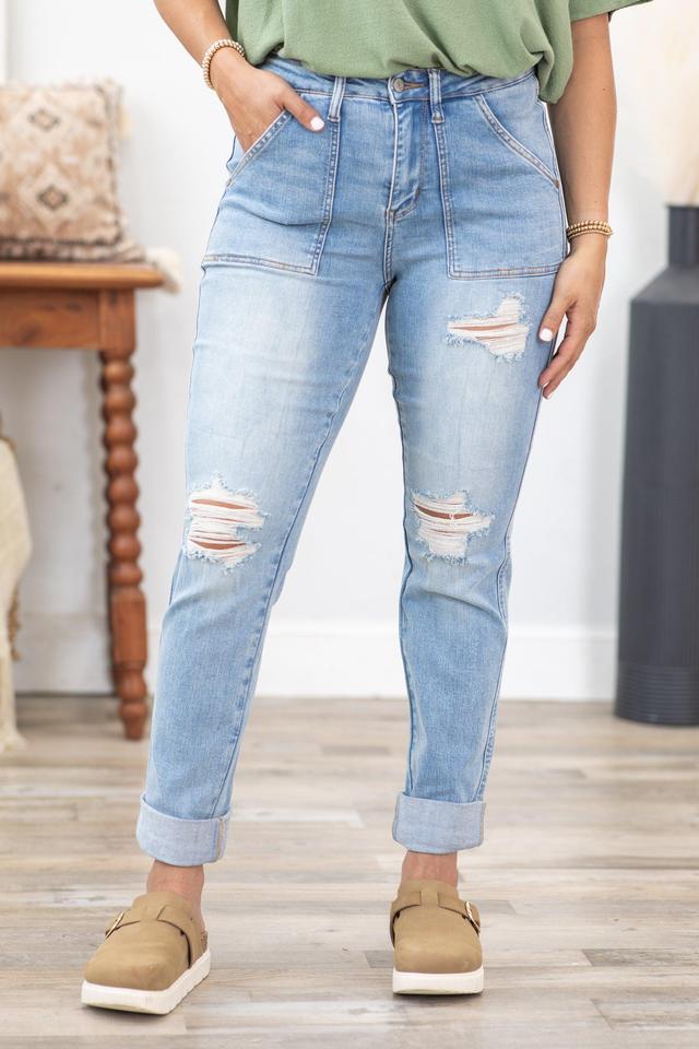 Judy Blue Patch Pocket Distress Boyfriend Jeans Product Image