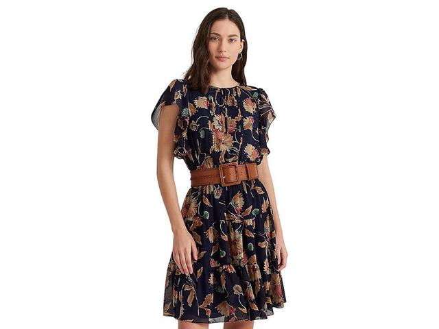 LAUREN Ralph Lauren Floral Crinkle Georgette Tie Neck Dress Tan/Multi) Women's Dress Product Image