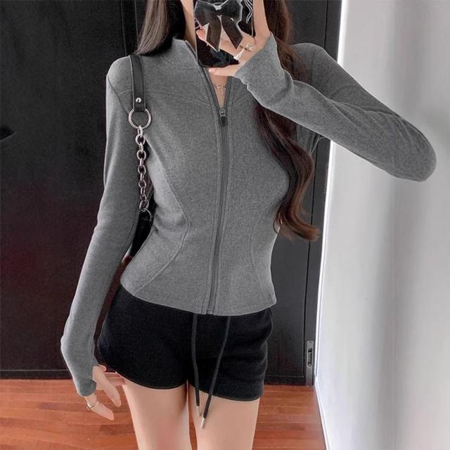 Stand Collar Plain Zip-Up Crop Jacket Product Image