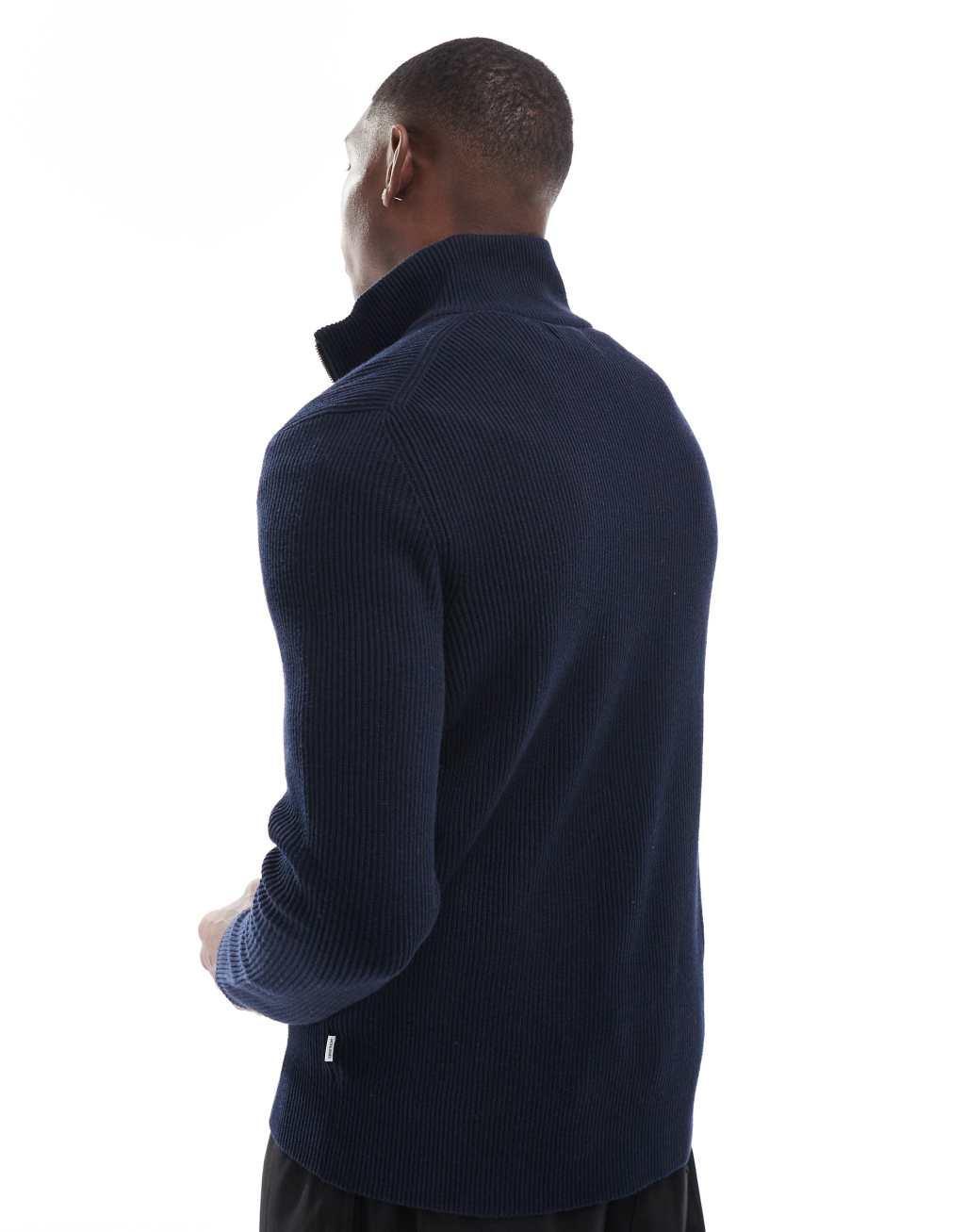 Jack & Jones chunky rib knit half zip sweater in navy  Product Image