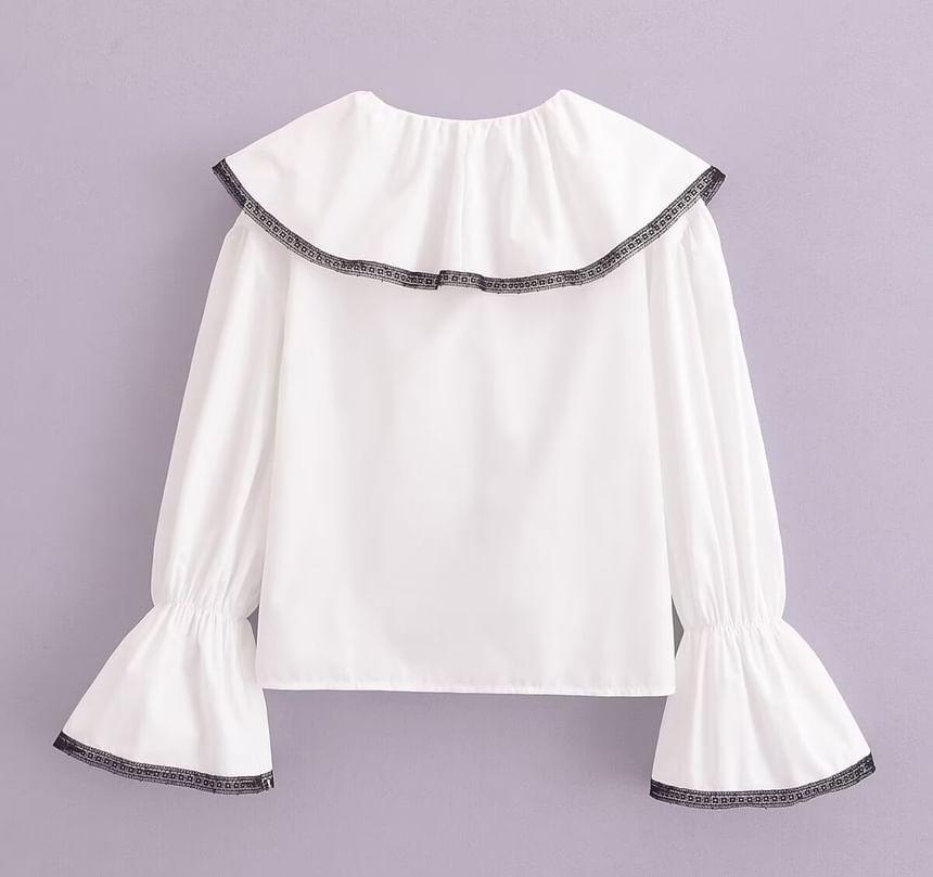 Puff-Sleeve V-Neck Lace Trim Ruffled Blouse Product Image