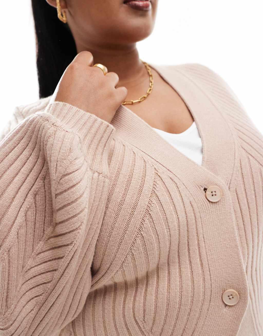 ASOS DESIGN Curve structured sleeve cardigan with rib detail in mocha Product Image