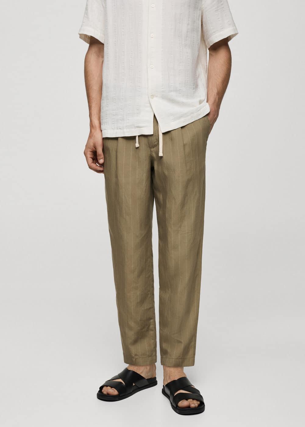 MANGO MAN - 100% linen striped pants with drawstring khakiMen Product Image