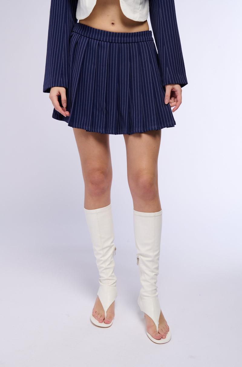 WHATS THE TEA PINSTRIPE PLEATED MINI SKIRT IN NAVY Product Image