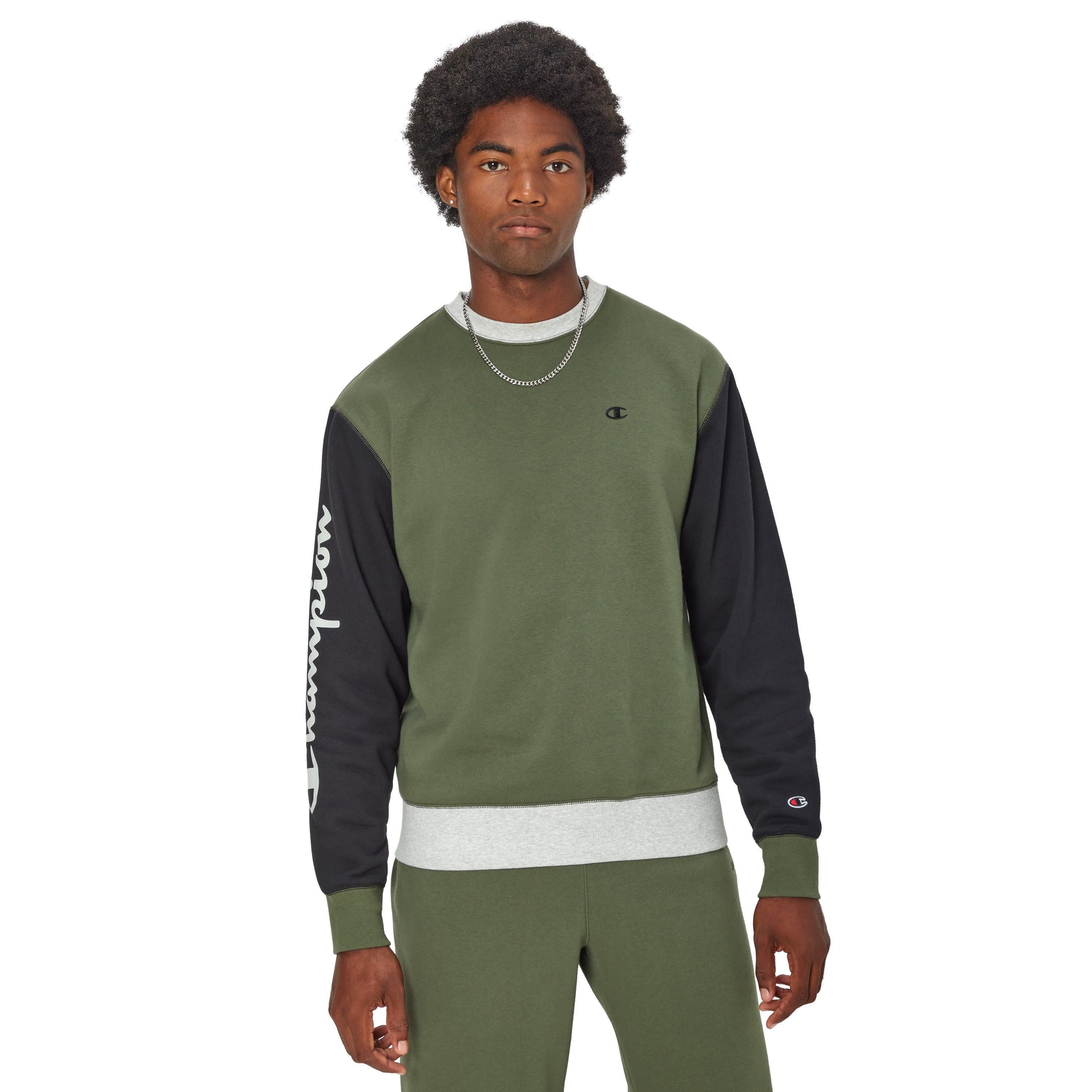 Mens Champion Classic Fleece Crewneck Sweatshirt, Colorblock, Script & C Logos Black/Ground Green Blocked M Product Image