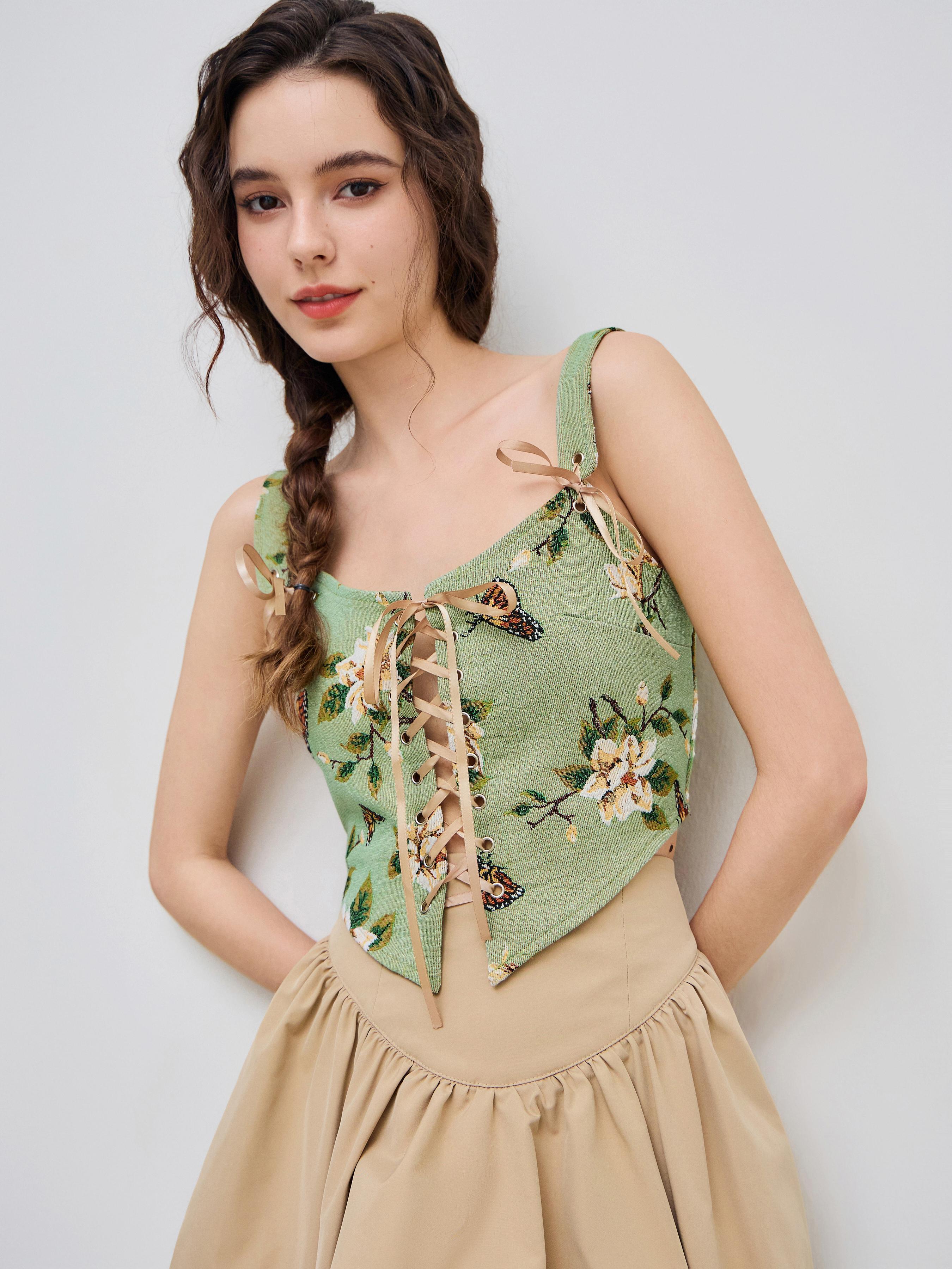 Floral & Butterfly Lace Up Crop Tank Top product image