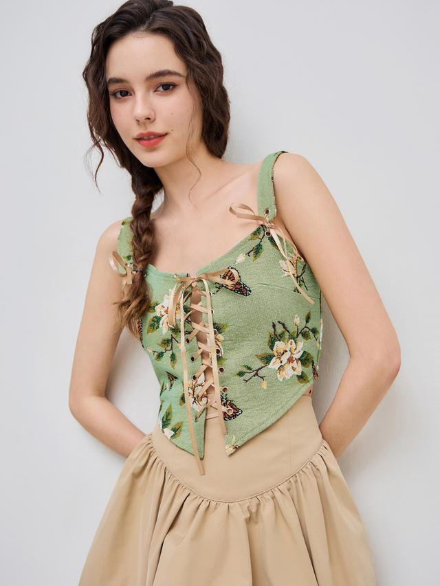 Floral & Butterfly Lace Up Crop Tank Top Product Image