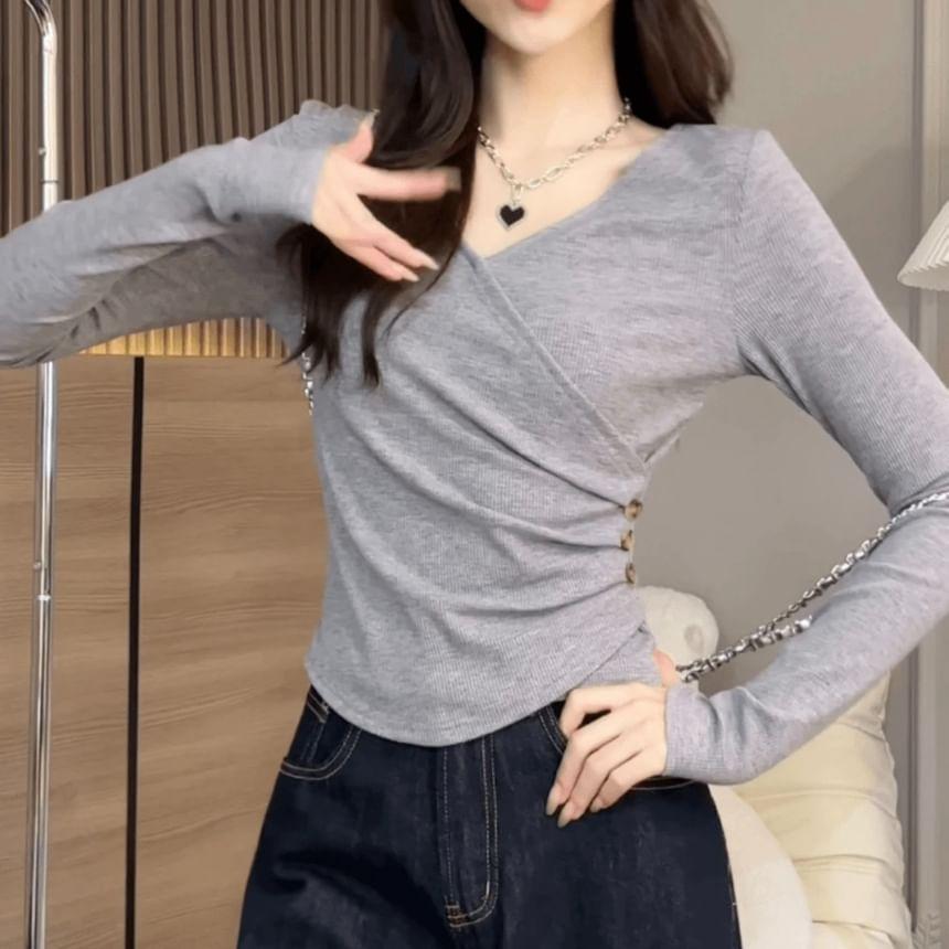 Long Sleeve V-Neck Plain Button Ruched Cropped Top Product Image