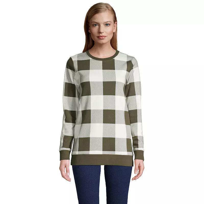 Petite Lands End Serious Sweats Crewneck Sweatshirt Tunic, Womens Green Moss Check Product Image