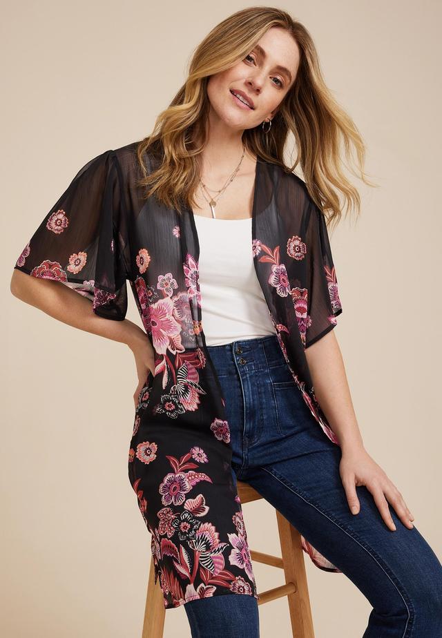 Maurices Womens Black Floral Flutter Sleeve Kimono Size Medium Product Image