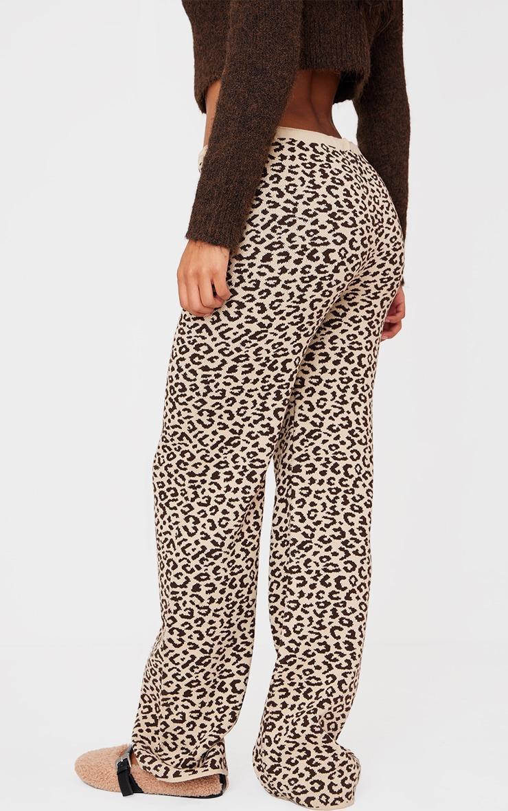 Brown Leopard Print Wide Leg Knitted Pants Product Image