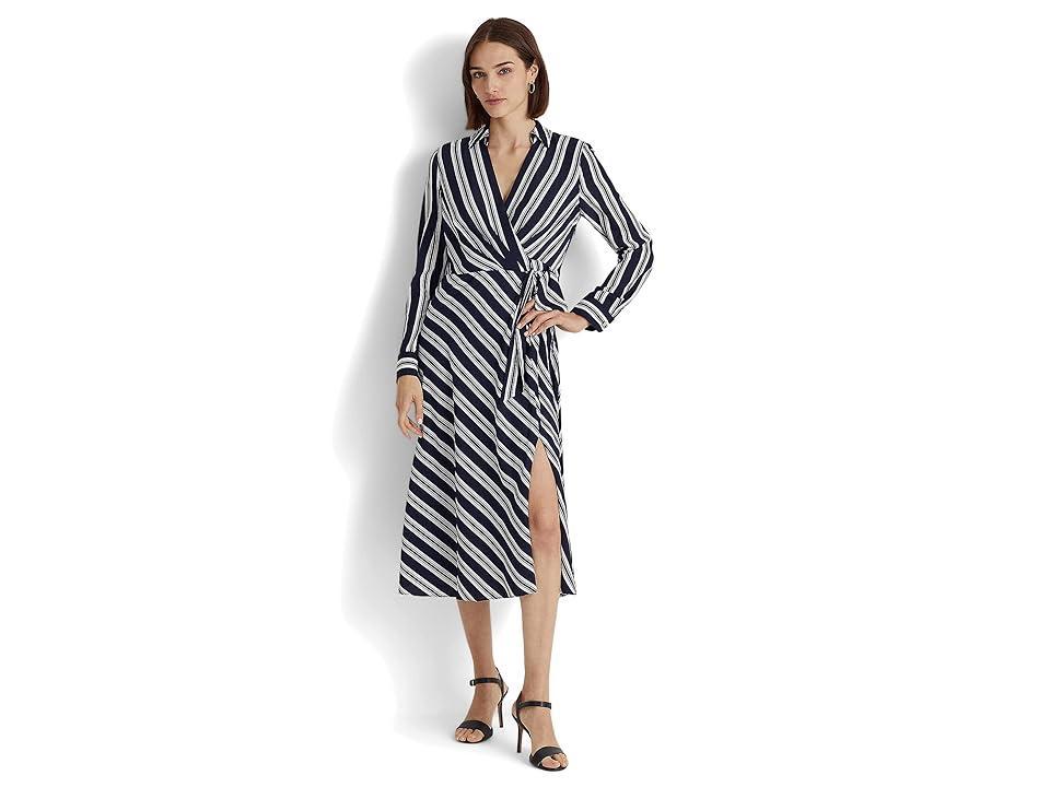 LAUREN Ralph Lauren Petite Striped Tie Front Crepe Midi Dress (Navy/White) Women's Dress Product Image