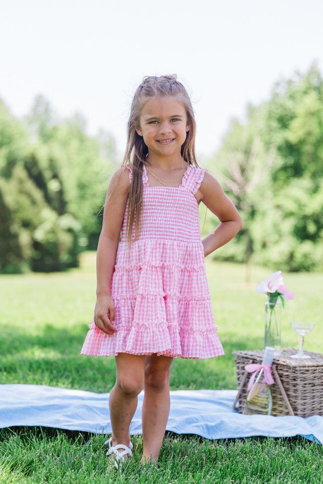 Kid's Time Spent Together Pink Gingham Smocked Dress Product Image