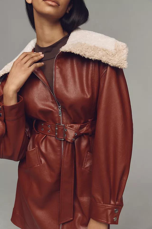 Maeve Oversized Collar Faux-Leather Belted Coat Product Image