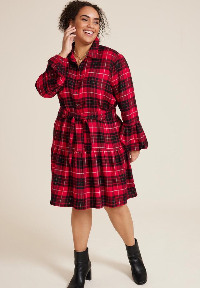 Maurices Plus Size Womens Metallic Plaid Babydoll Dress Red Size 4X Product Image