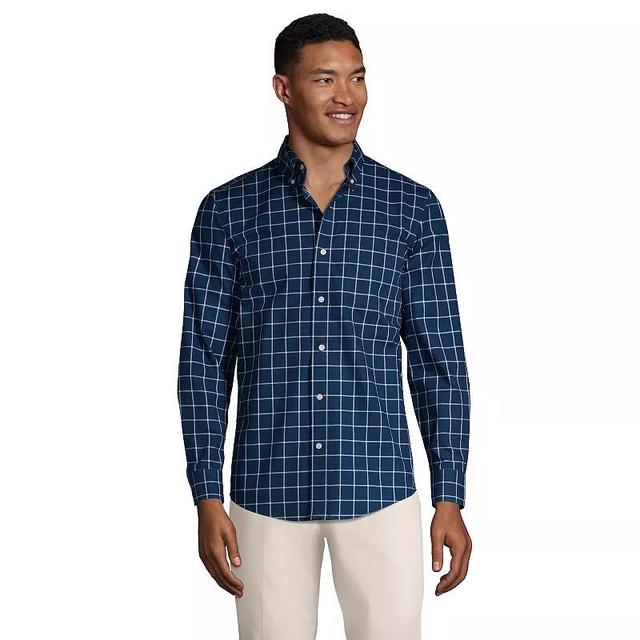 Mens Lands End Traditional-Fit No-Iron Twill Button-Down Shirt Deep Blue Windowpane Product Image