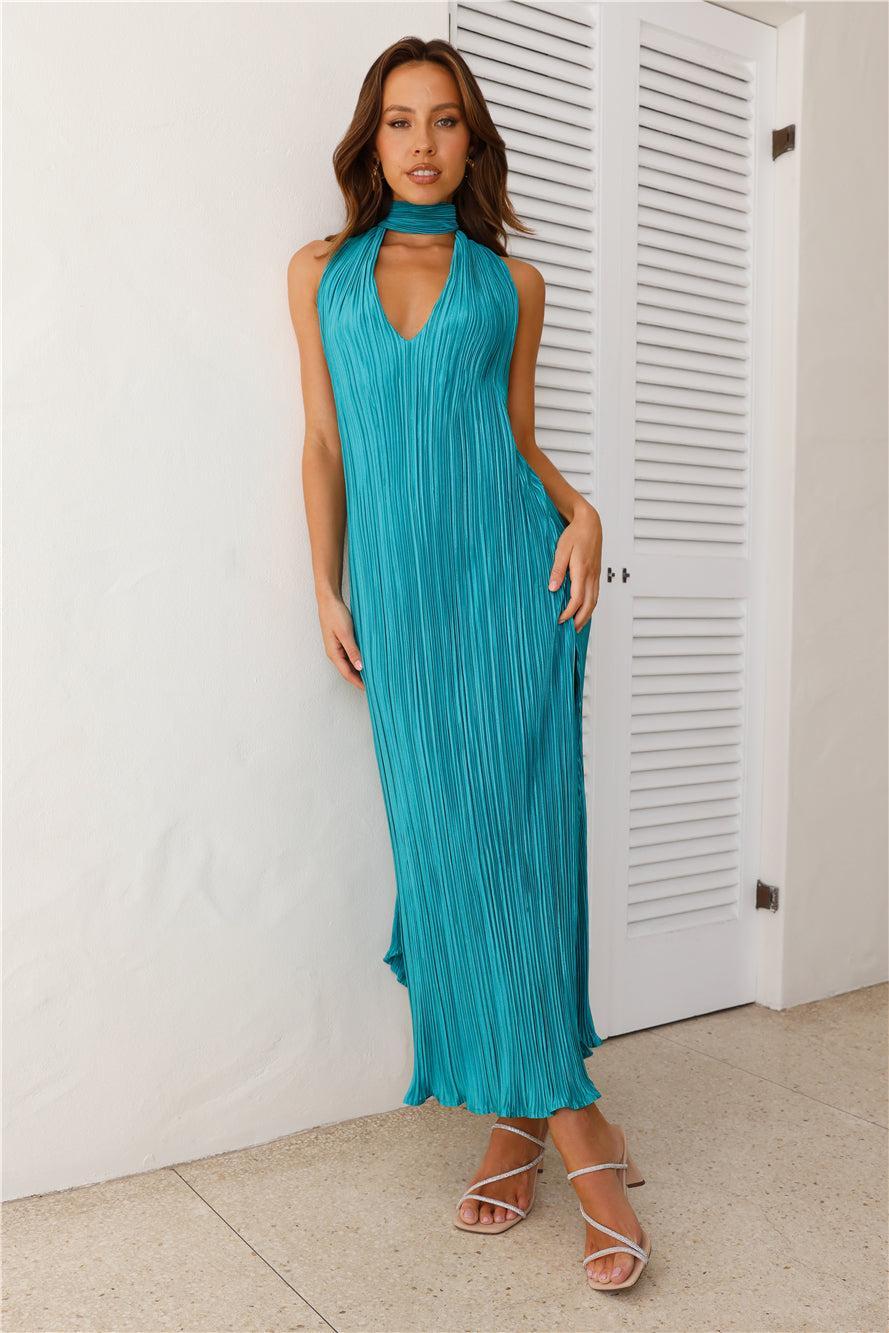 HELLO MOLLY Excitement Plisse Halter Maxi Dress Teal Product Image