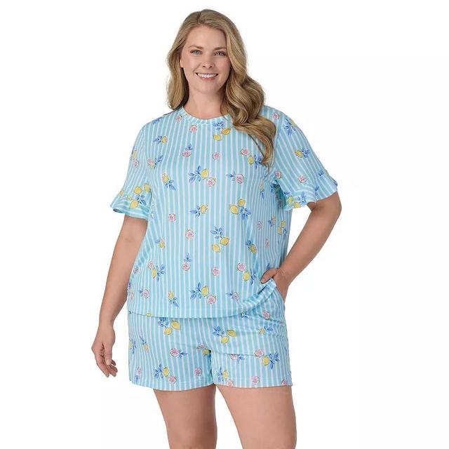 Plus Size Cuddl Duds Cozy Short Sleeve Top & Boxer Pajama Set, Womens Green Lemons Product Image