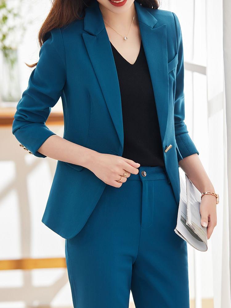 Plain One Buttoned Blazer / High Rise Straight Leg Suit Pants / Set Product Image