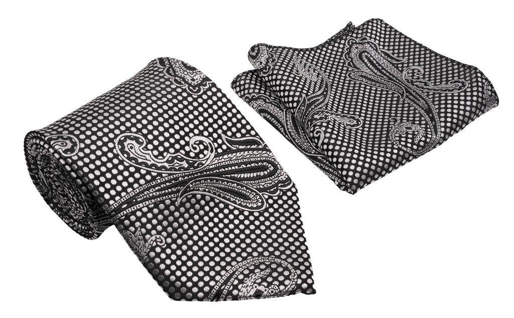 Black Silver Dots Paisley Pattern Men's Classic Tie and Pocket Square Set Product Image