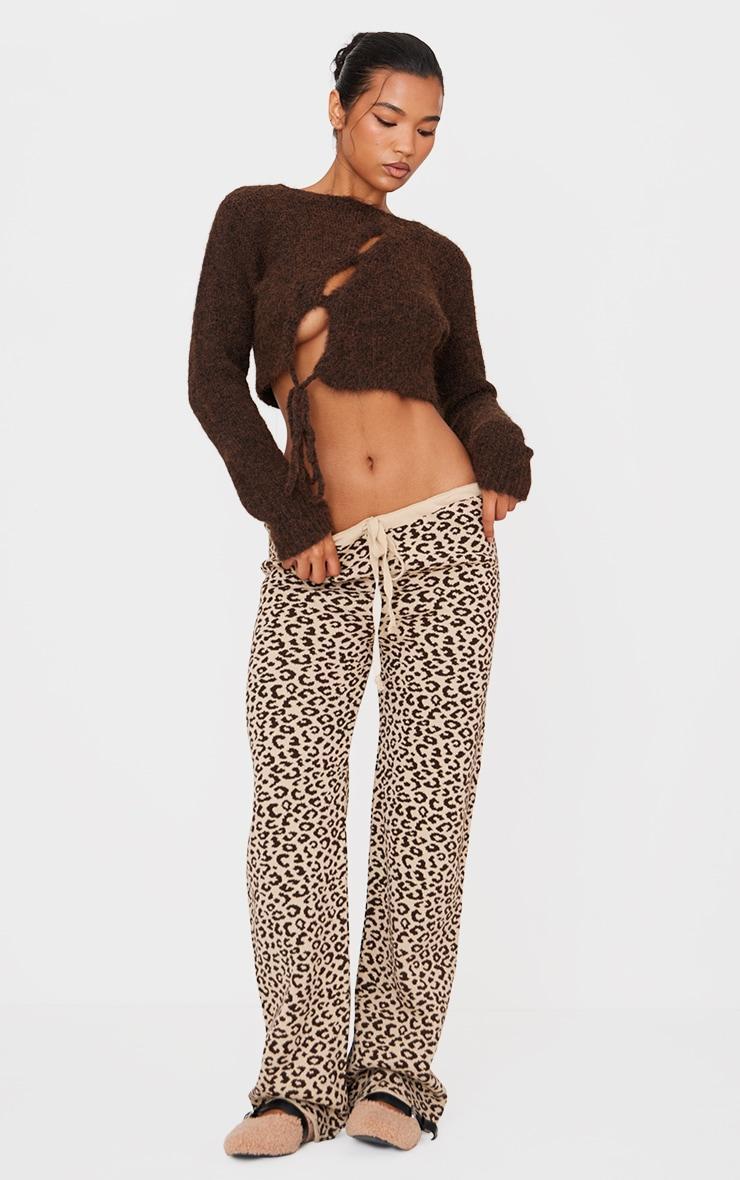 Brown Leopard Print Wide Leg Knitted Pants Product Image