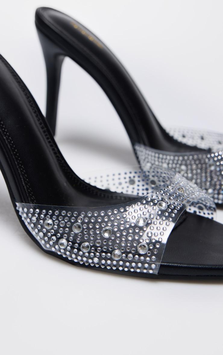 Black PU Point Toe Diamante Strap Heeled Mules Product Image