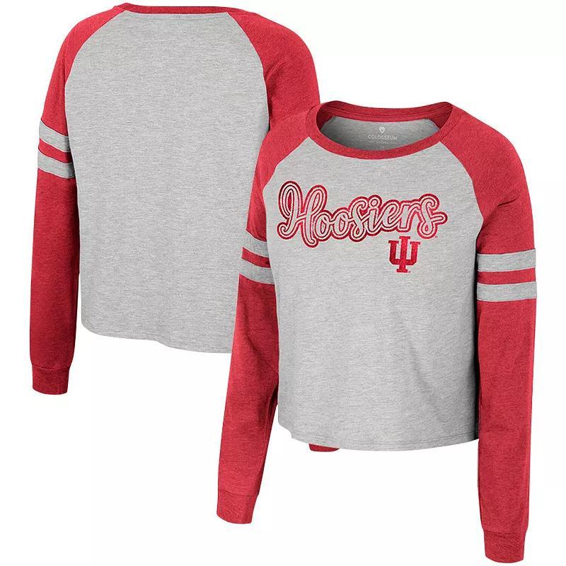 Womens Colosseum Heather Gray Indiana Hoosiers Im Gliding Here Raglan Long Sleeve Cropped T-Shirt Product Image