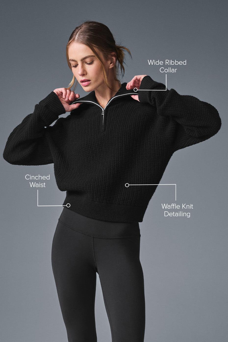 Cashmere Plush Waffle 1/4 Zip Pullover - Black Female Product Image