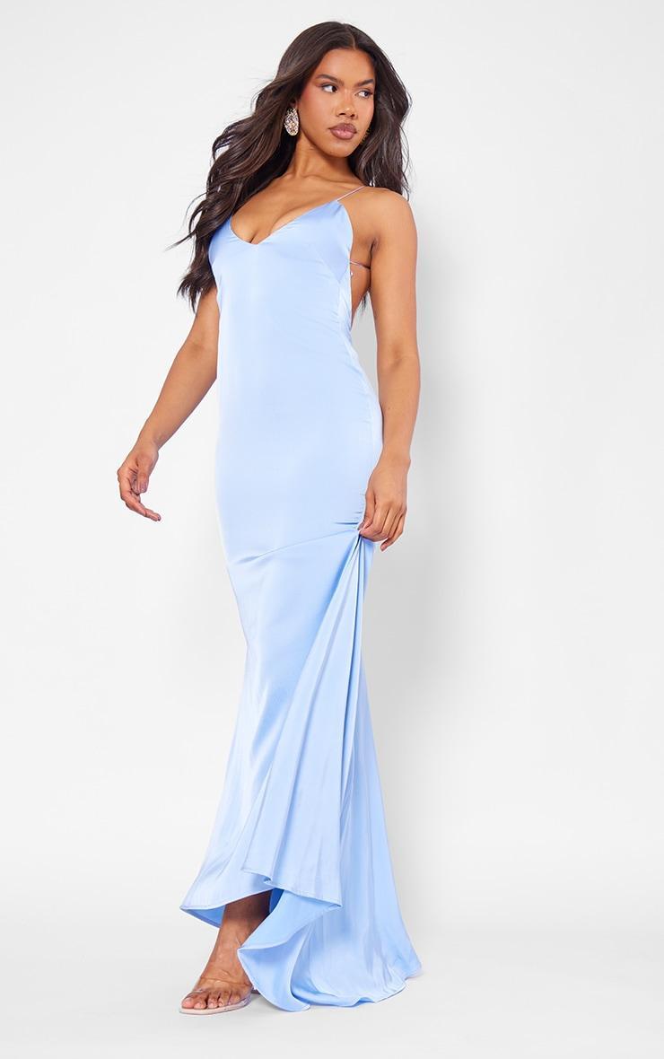 Light Blue Satin V Neck Maxi Dress Product Image