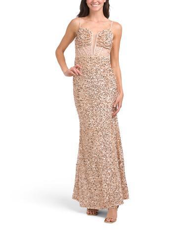 Sequin Gown With Illusion Lace Applique Bodice for Women | Polyester/Elastane Product Image