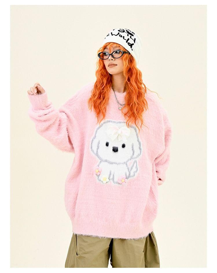 Drop Shoulder Crew Neck Puppy Embroidered Oversized Sweater Product Image