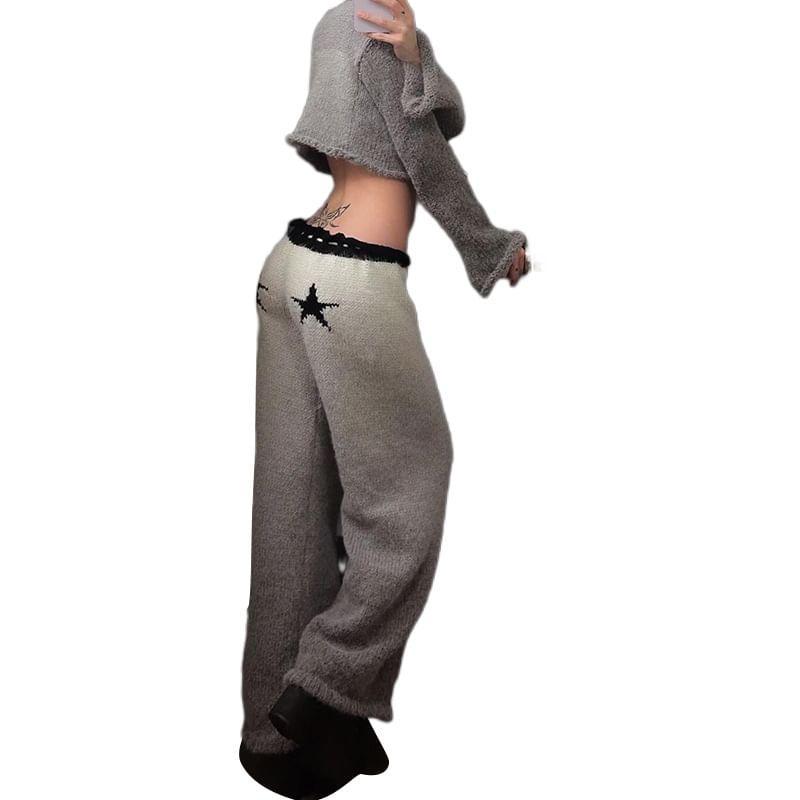 Drawstring Waist Star Patterned Knit Wide Leg Pants Product Image