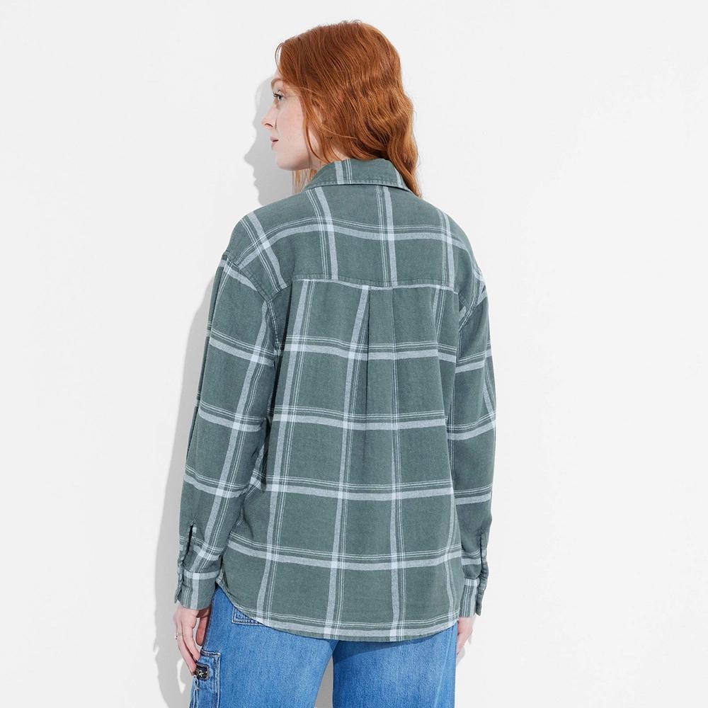 Women's Long Sleeve Oversized Flannel Button-Down Shirt - Wild Fable™ Dark Green Plaid M Product Image