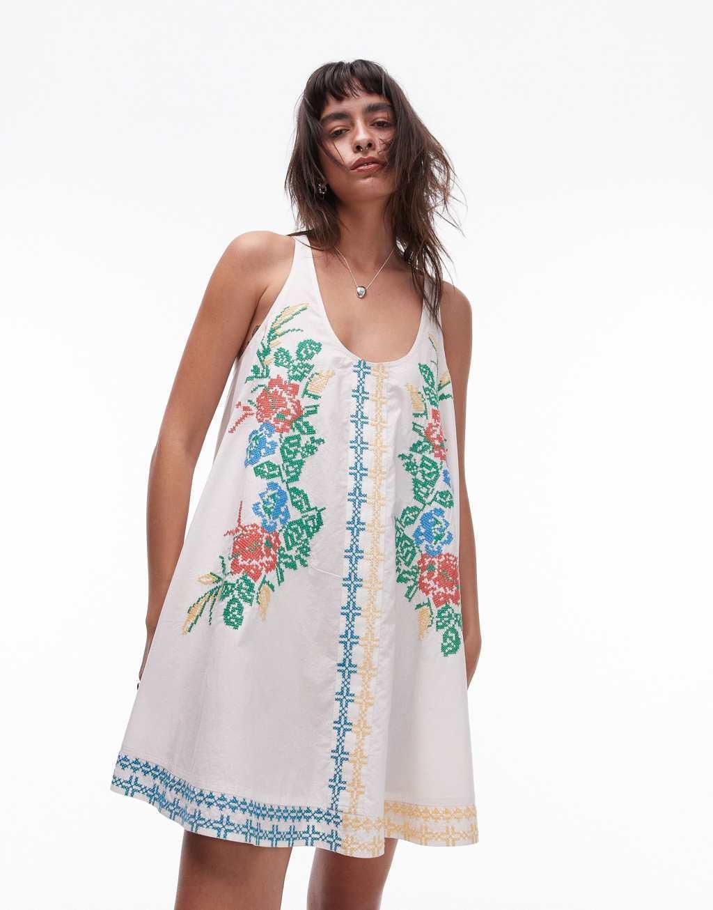 Topshop mini cross stitch embroidered strappy dress in multi Product Image