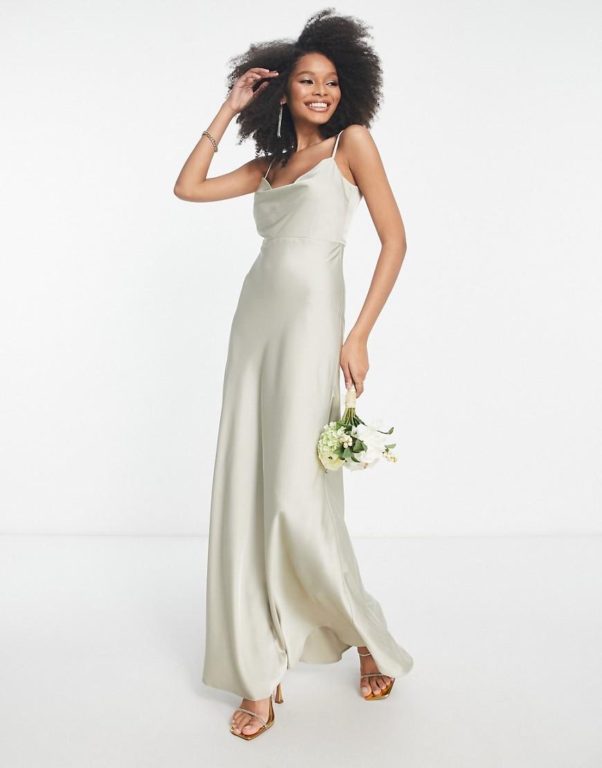 ASOS DESIGN Bridesmaid satin cowl neck maxi dress with full skirt in sage green  Product Image