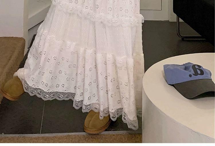 Elastic Waist Tiered Lace Maxi A-Line Skirt Product Image