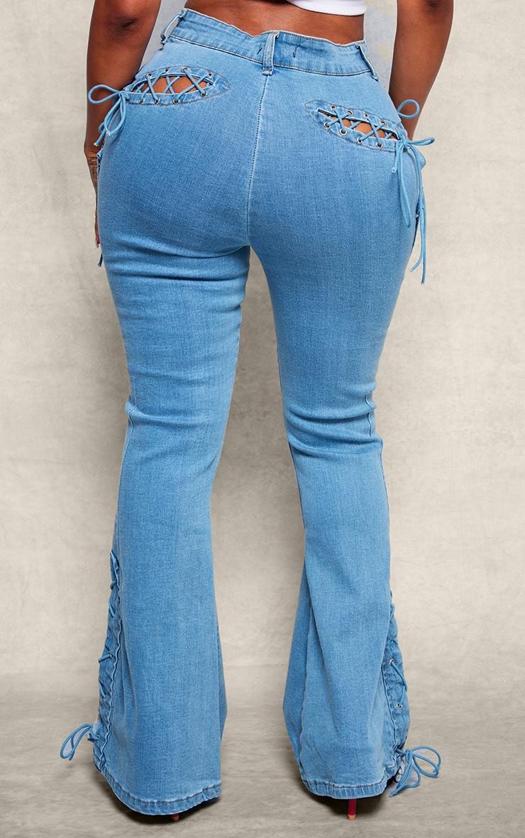 Shape Indigo Blue Wash Stretch Denim Lace Up Flare Jeans Product Image