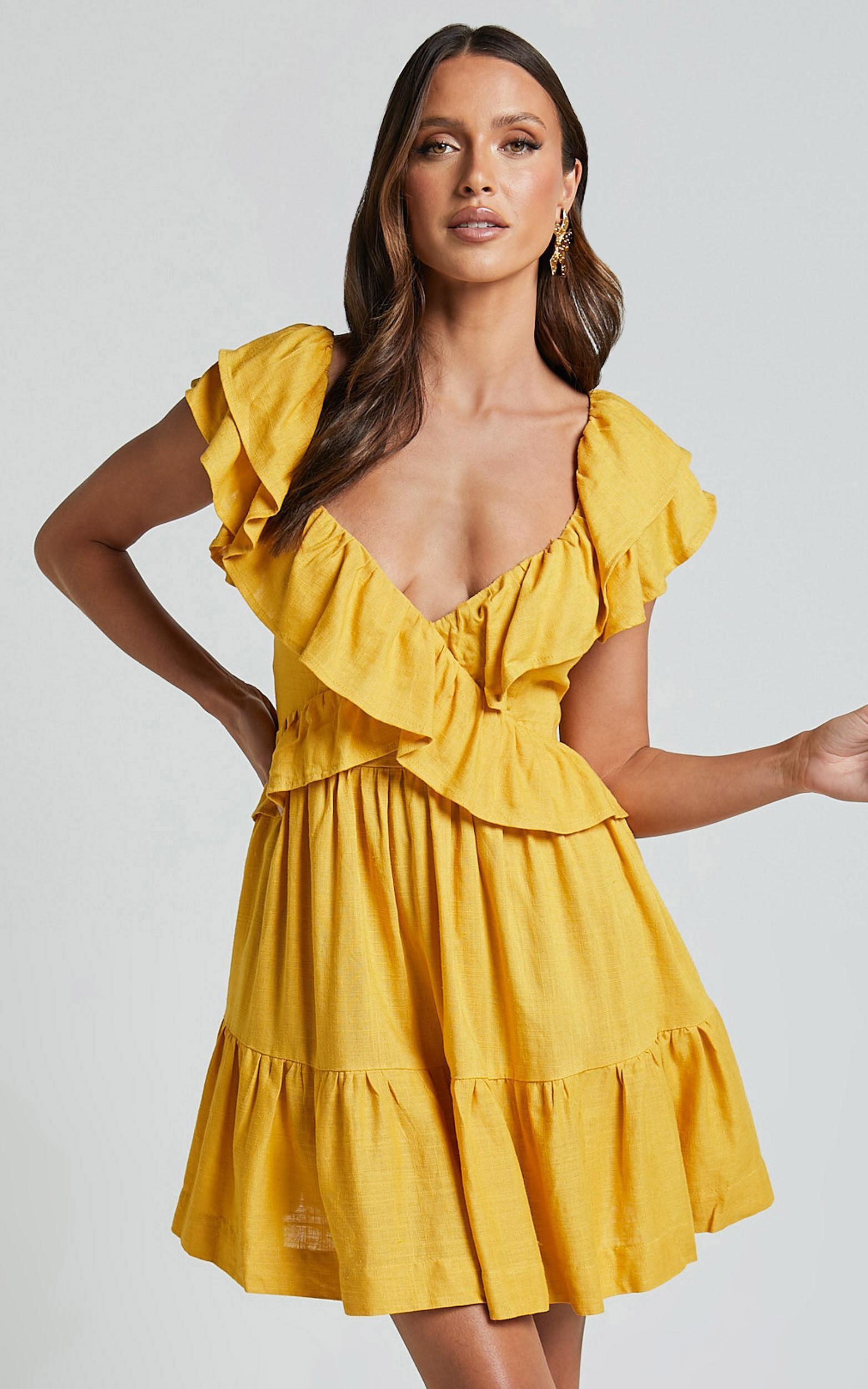 Amalie The Label - Hescia Linen Blend Frill Detail Low Back Mini Dress in Warm Yellow Gold Product Image