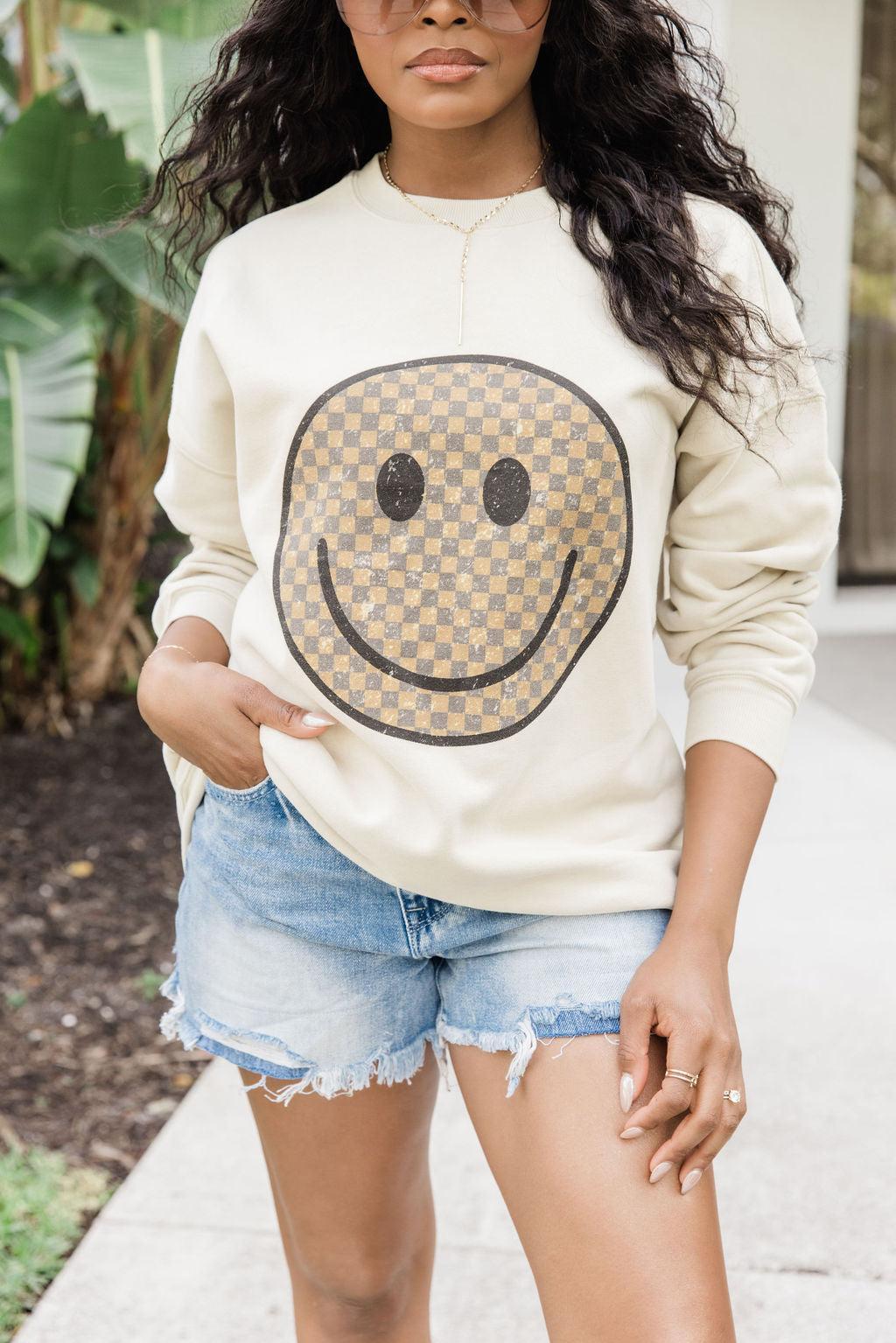 Neutral Checkered Smiley Light Tan Oversized Graphic Sweatshirt Product Image