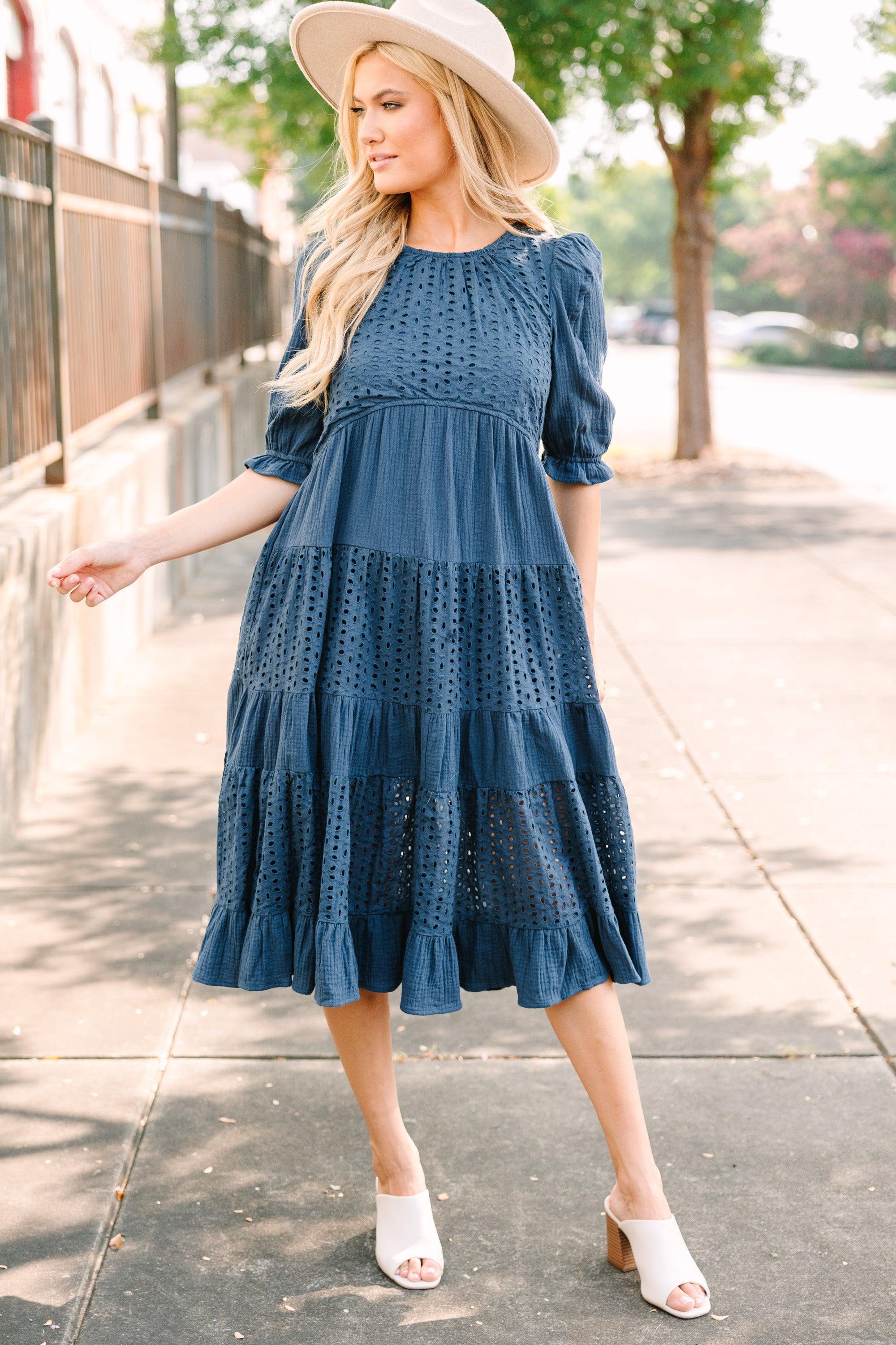 Making Moves Navy Blue Eyelet Midi Dress Female product image